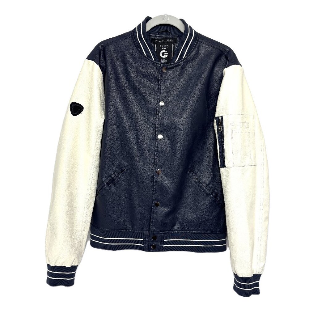 Fried Denim NYC Navy Blue & White Faux Leather Varsity Bomber Jacket EUC Lrg